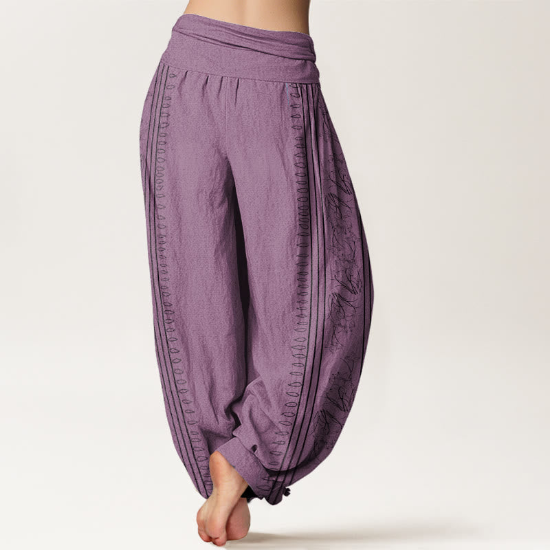 Buddha Stones Cotton Dharma Wheel Lotus OM Pattern Women's Elastic Waist Harem Pants