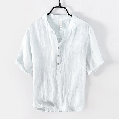 Buddha Stones Solid Color Short Sleeve Half Button Shirt Cotton Linen Men Clothing