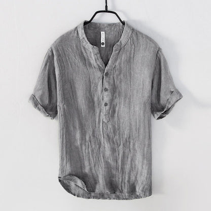 Buddha Stones Solid Color Short Sleeve Half Button Shirt Cotton Linen Men Clothing