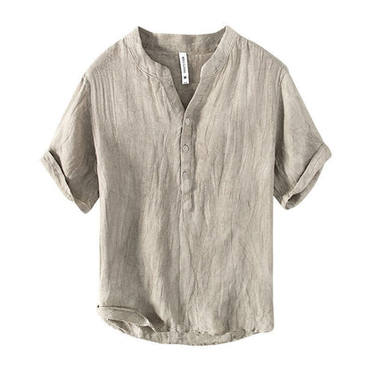 Buddha Stones Solid Color Short Sleeve Half Button Shirt Cotton Linen Men Clothing
