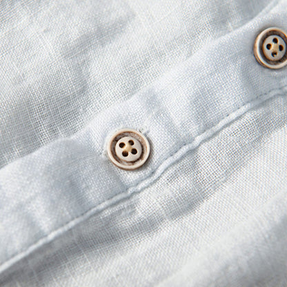 Buddha Stones Solid Color Short Sleeve Half Button Shirt Cotton Linen Men Clothing