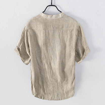 Buddha Stones Solid Color Short Sleeve Half Button Shirt Cotton Linen Men Clothing
