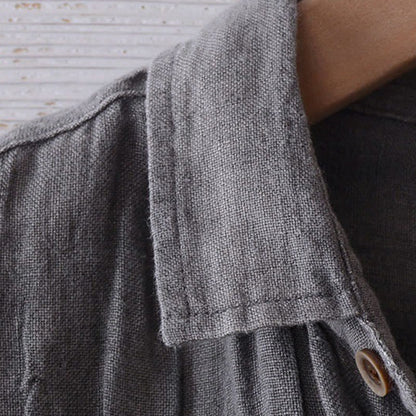 Buddha Stones Men's Shirt Solid Color Lapel Top Short Sleeve Comfy Button Crease Cotton Linen Shirt