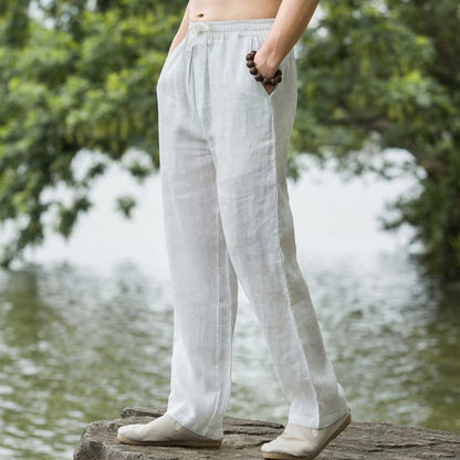 Buddha Stones Solid Color Cotton Linen Men's Wide Leg Pants With Pockets