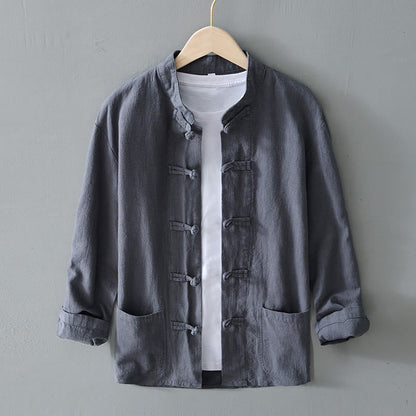 Buddha Stones Frog-Button Chinese Tang Suit Cotton Linen Men Jacket Shirt With Pockets