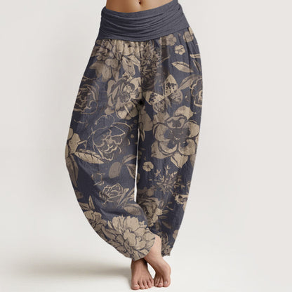 Buddha Stones Cotton Casual Peony Flowers Leaves Women's Elastic Waist Harem Pants