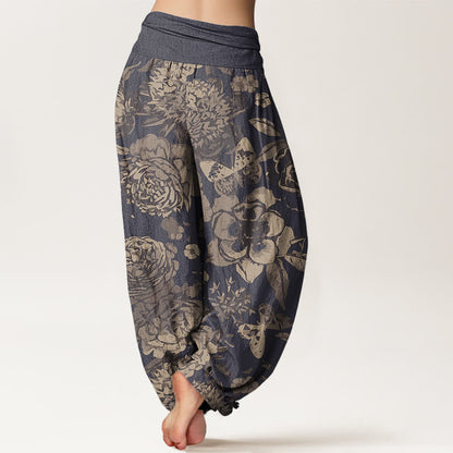 Buddha Stones Cotton Casual Peony Flowers Leaves Women's Elastic Waist Harem Pants
