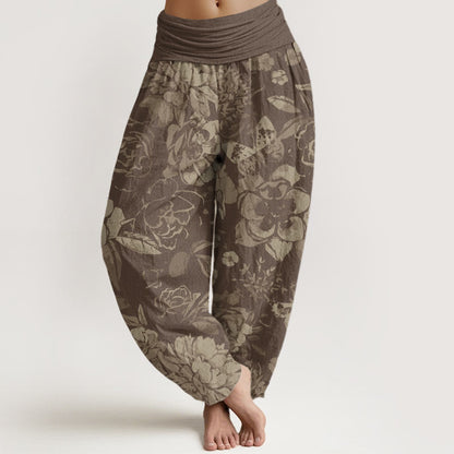 Buddha Stones Cotton Casual Peony Flowers Leaves Women's Elastic Waist Harem Pants