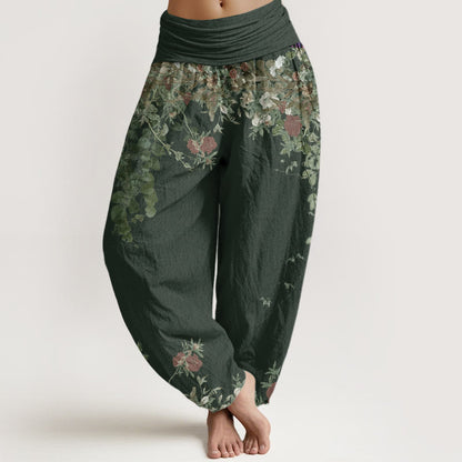 Buddha Stones Cotton Casual Red Peony Flower Vine Design Women's Elastic Waist Harem Pants