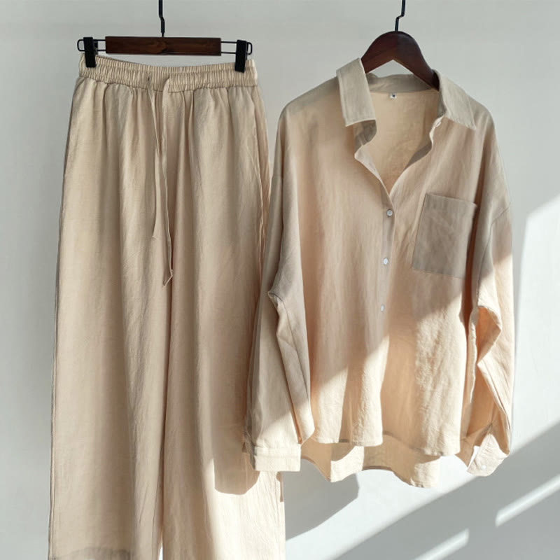 Buddha Stones 2Pcs Long Sleeve Shirt Top With Pockets Drawstring Pants Meditation Cotton Clothing Women's Set