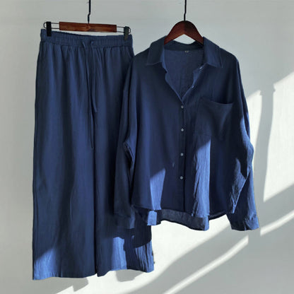 Buddha Stones 2Pcs Long Sleeve Shirt Top With Pockets Drawstring Pants Meditation Cotton Clothing Women's Set