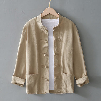 Buddha Stones Frog-Button Chinese Tang Suit Cotton Linen Men Jacket Shirt With Pockets