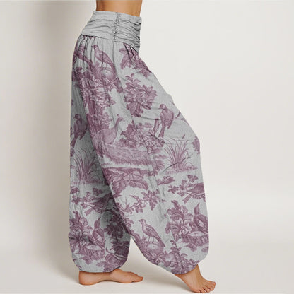 Buddha Stones Cotton Birds Trees Branches Pattern Women's Elastic Waist Harem Pants