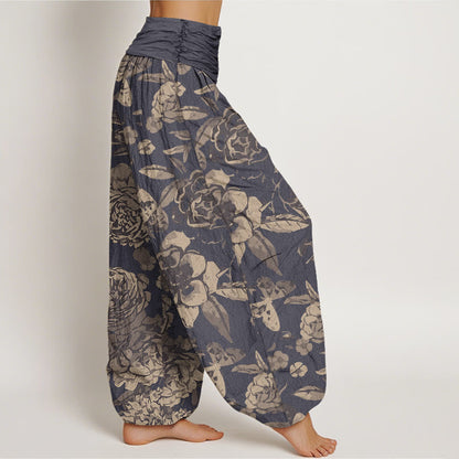 Buddha Stones Cotton Casual Peony Flowers Leaves Women's Elastic Waist Harem Pants