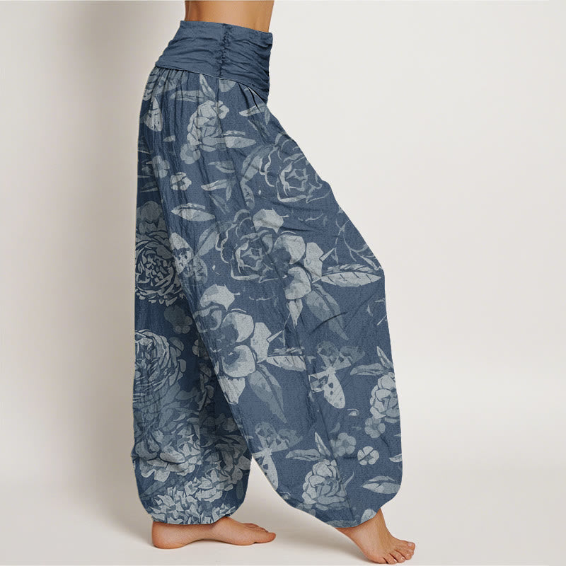Buddha Stones Cotton Casual Peony Flowers Leaves Women's Elastic Waist Harem Pants