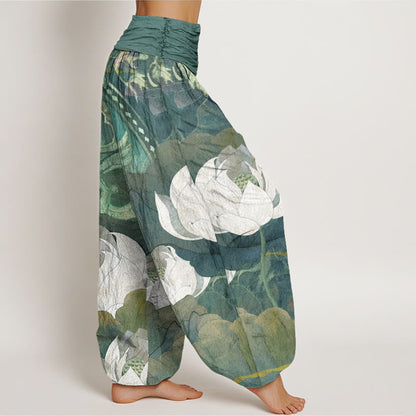 Buddha Stones Cotton White Lotus Leaves Pattern Casual Women's Elastic Waist Harem Pants