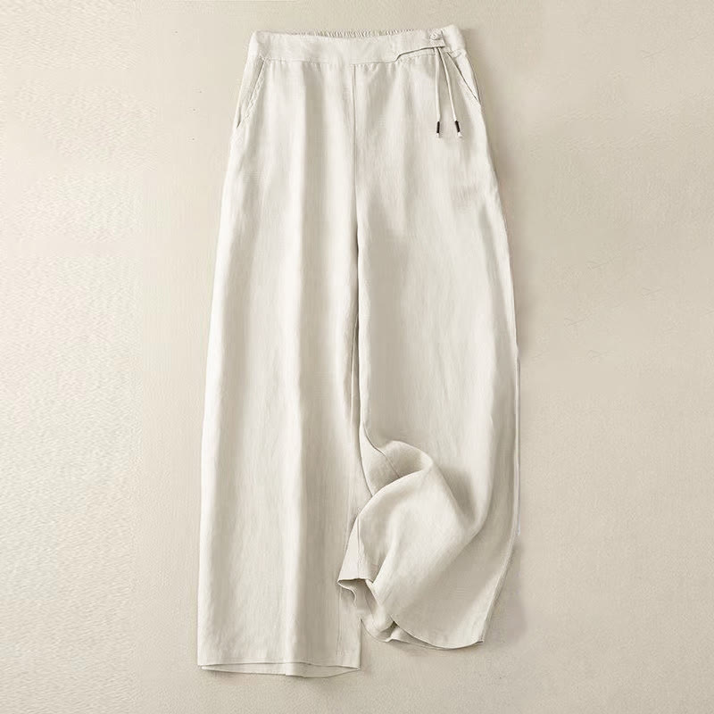 Buddha Stones Casual Solid Color One Button Women's Capri Wide Leg Pants With Pockets