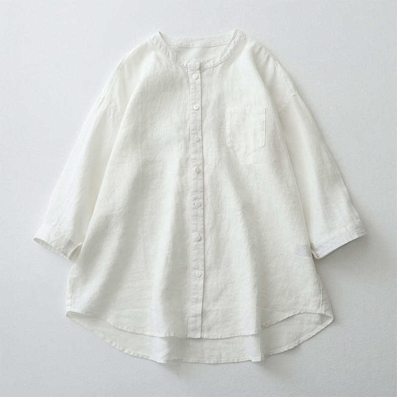 Buddha Stones Solid Color Button Three Quarter Sleeve Shirt