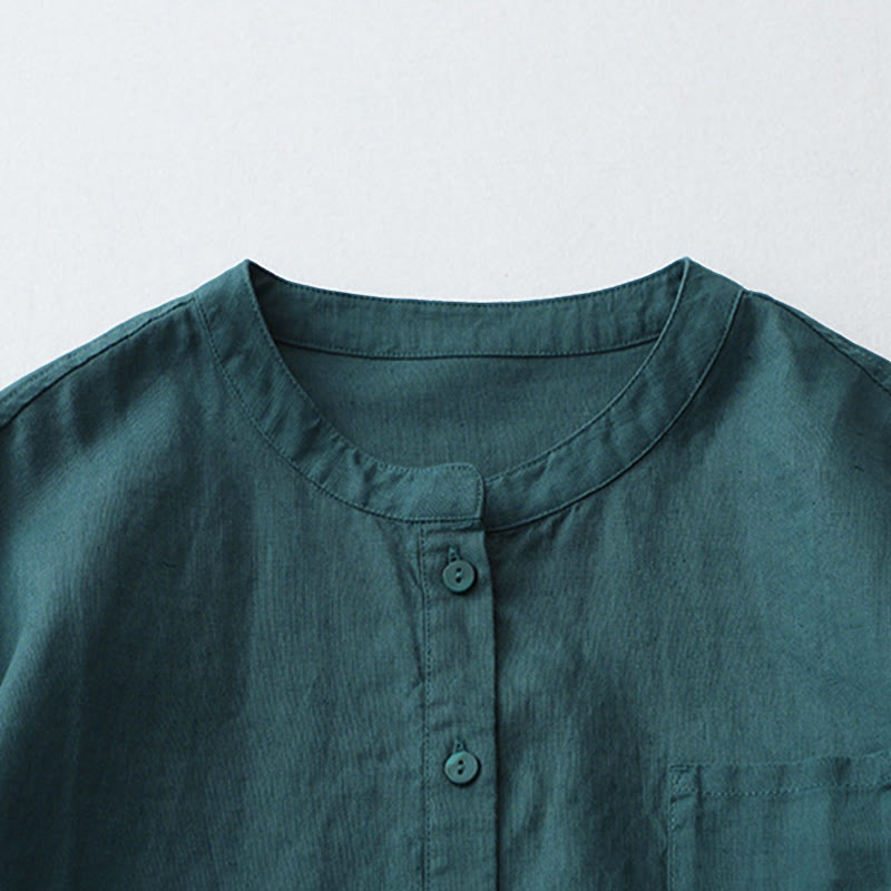 Buddha Stones Solid Color Button Three Quarter Sleeve Shirt