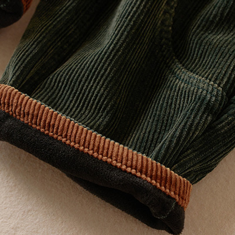 Buddha Stones Color Contrast Corduroy Cotton Women's Thermal Fleece-Lined Harem Pants With Pockets