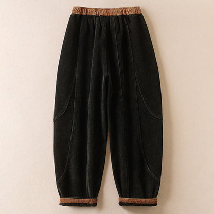 Buddha Stones Color Contrast Corduroy Cotton Women's Thermal Fleece-Lined Harem Pants With Pockets
