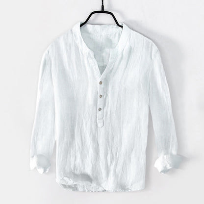 Buddha Stones Solid Color Short Sleeve Half Button Shirt Cotton Linen Men Clothing