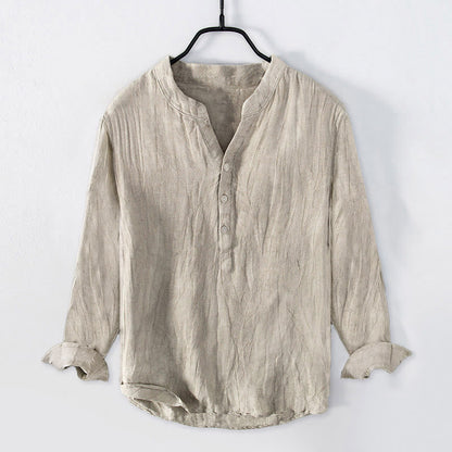 Buddha Stones Solid Color Short Sleeve Half Button Shirt Cotton Linen Men Clothing