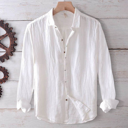 Buddha Stones Men's Shirt Solid Color Lapel Top Short Sleeve Comfy Button Crease Cotton Linen Shirt