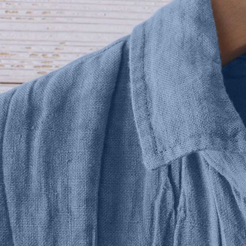 Buddha Stones Men's Shirt Solid Color Lapel Top Short Sleeve Comfy Button Crease Cotton Linen Shirt