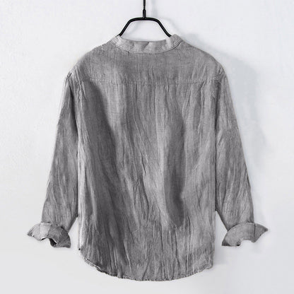 Buddha Stones Solid Color Short Sleeve Half Button Shirt Cotton Linen Men Clothing