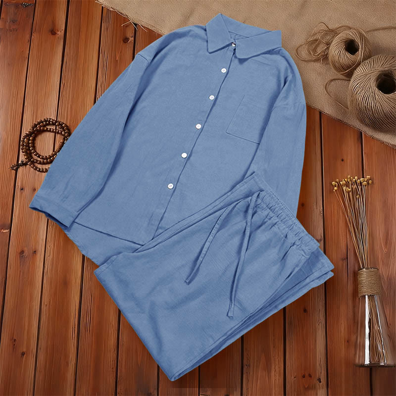 Buddha Stones 2Pcs Long Sleeve Shirt Top With Pockets Drawstring Pants Meditation Cotton Clothing Women's Set