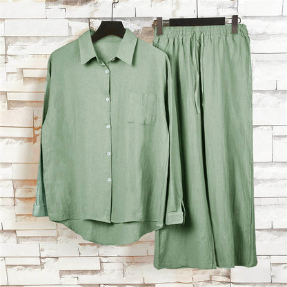 Buddha Stones 2Pcs Long Sleeve Shirt Top With Pockets Drawstring Pants Meditation Cotton Clothing Women's Set