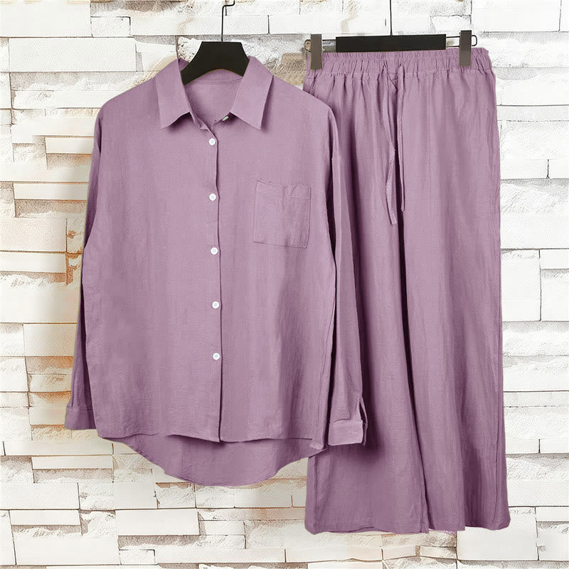 Buddha Stones 2Pcs Long Sleeve Shirt Top With Pockets Drawstring Pants Meditation Cotton Clothing Women's Set