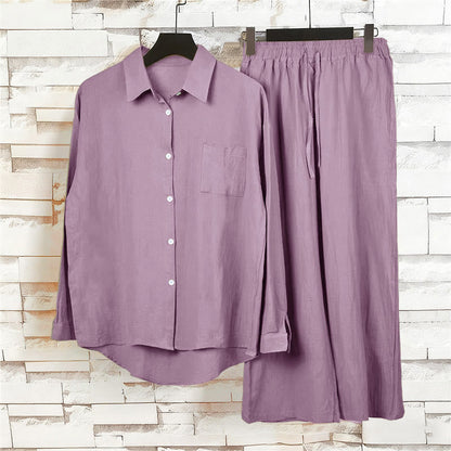Buddha Stones 2Pcs Long Sleeve Shirt Top With Pockets Drawstring Pants Meditation Cotton Clothing Women's Set