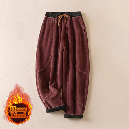 Buddha Stones Color Contrast Corduroy Cotton Women's Thermal Fleece-Lined Harem Pants With Pockets
