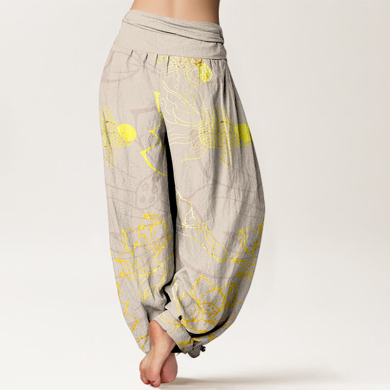 Buddha Stones Pure Cotton Lotus Leaf Koi Fish Women's Elastic Waist Harem Pants