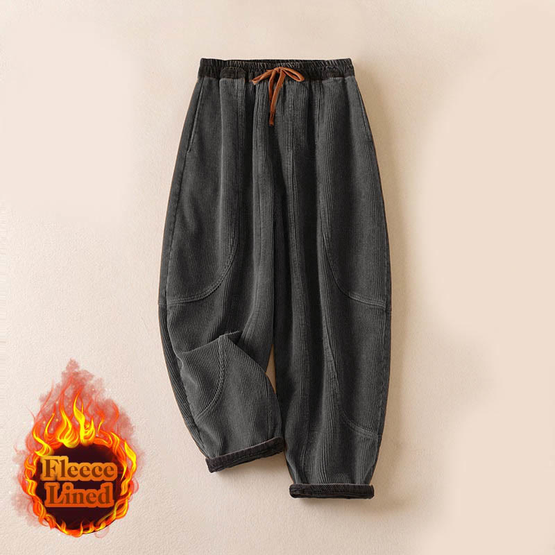 Buddha Stones Color Contrast Corduroy Cotton Women's Thermal Fleece-Lined Harem Pants With Pockets