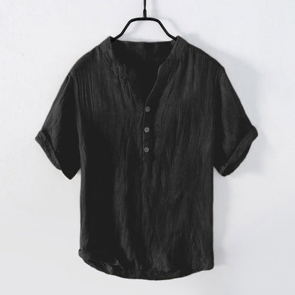 Buddha Stones Solid Color Short Sleeve Half Button Shirt Cotton Linen Men Clothing