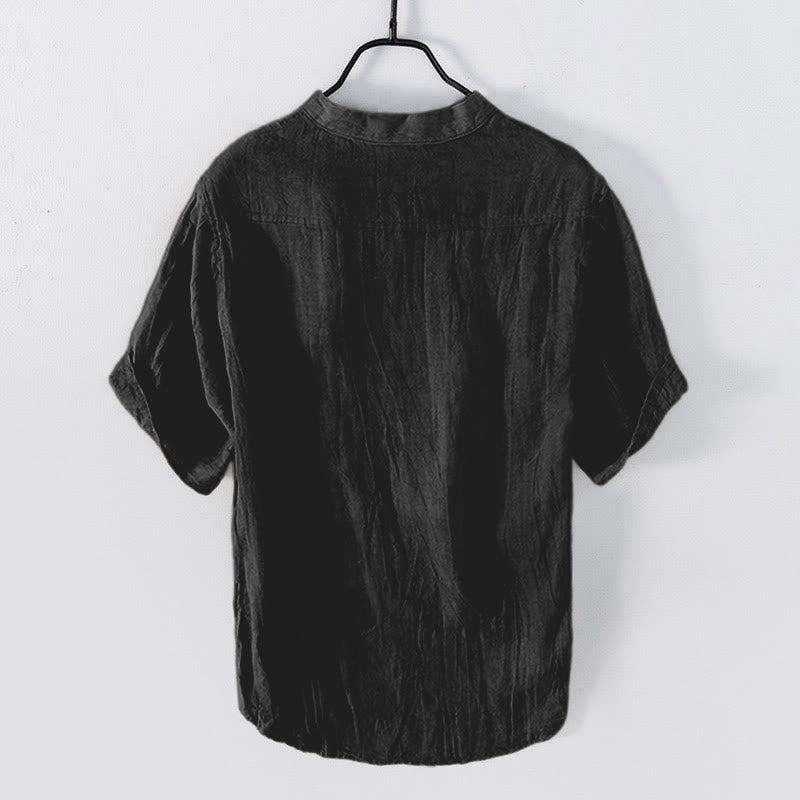 Buddha Stones Solid Color Short Sleeve Half Button Shirt Cotton Linen Men Clothing