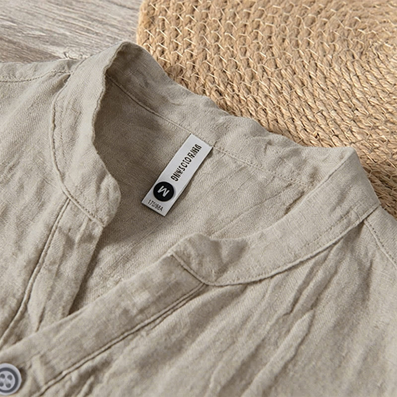 Buddha Stones Solid Color Short Sleeve Half Button Shirt Cotton Linen Men Clothing