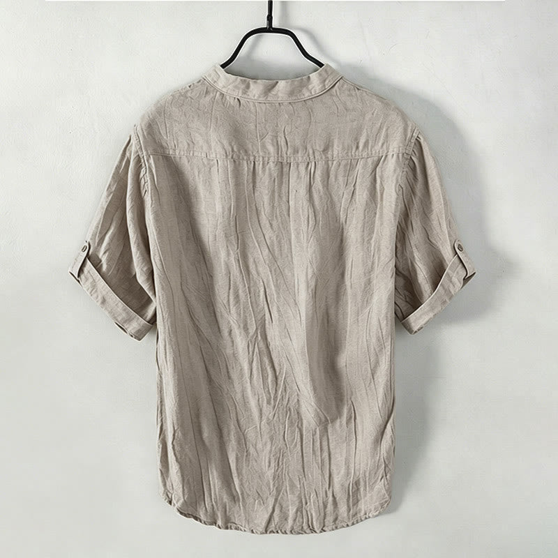 Buddha Stones Solid Color Short Sleeve Half Button Shirt Cotton Linen Men Clothing