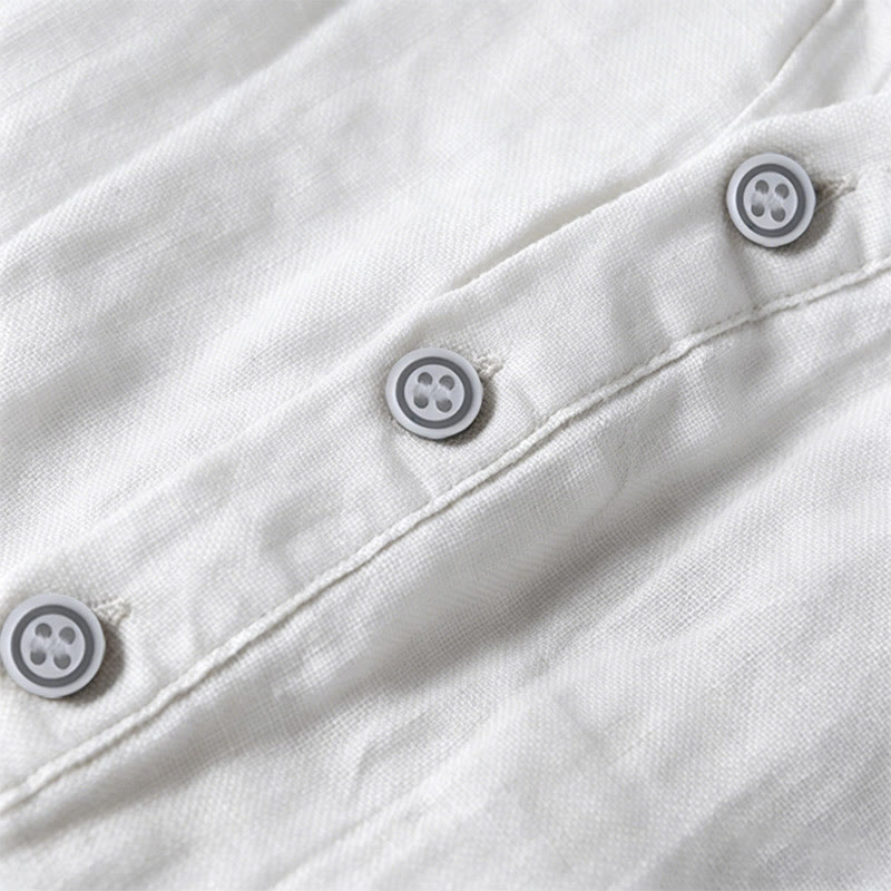 Buddha Stones Solid Color Short Sleeve Half Button Shirt Cotton Linen Men Clothing